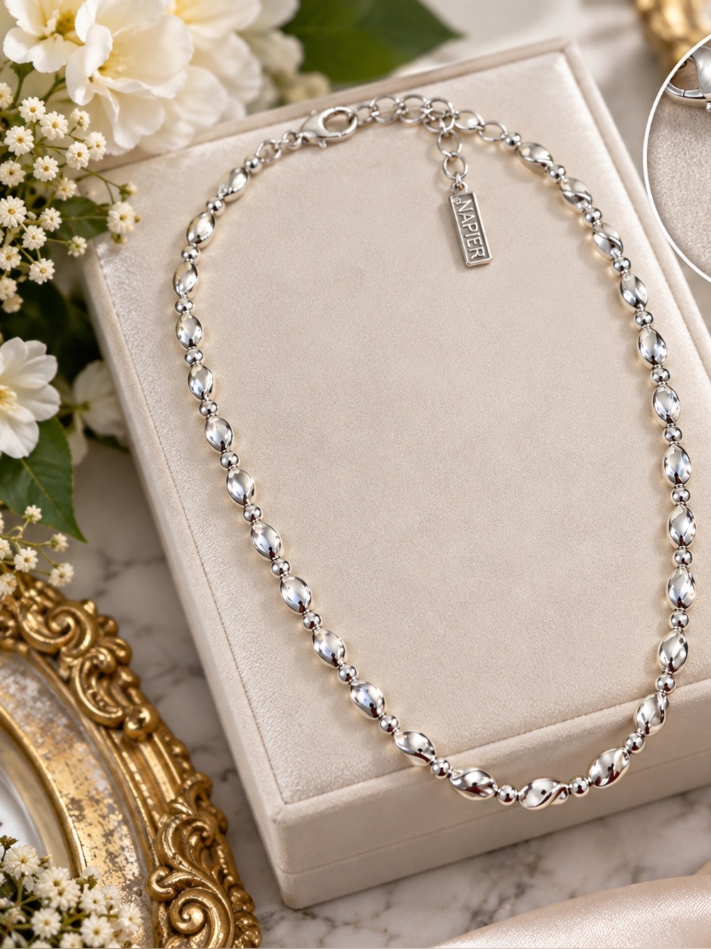NOS Vintage NAPIER Silver Tone Faceted Beaded Link Necklace